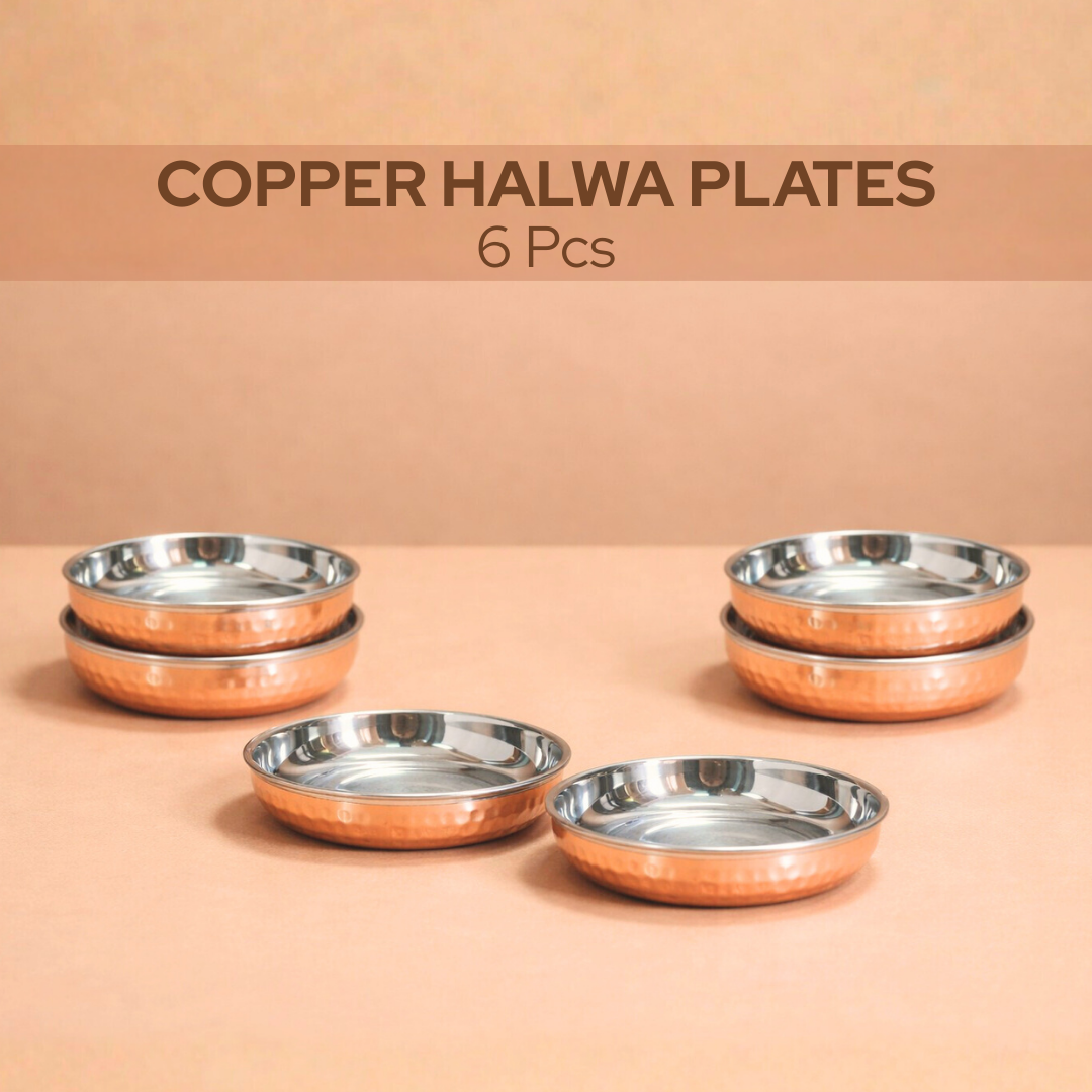 Copper Halwa Plates Set 6 pcs – Dual Layer Copper and Steel Dessert Plates for Indian Dining