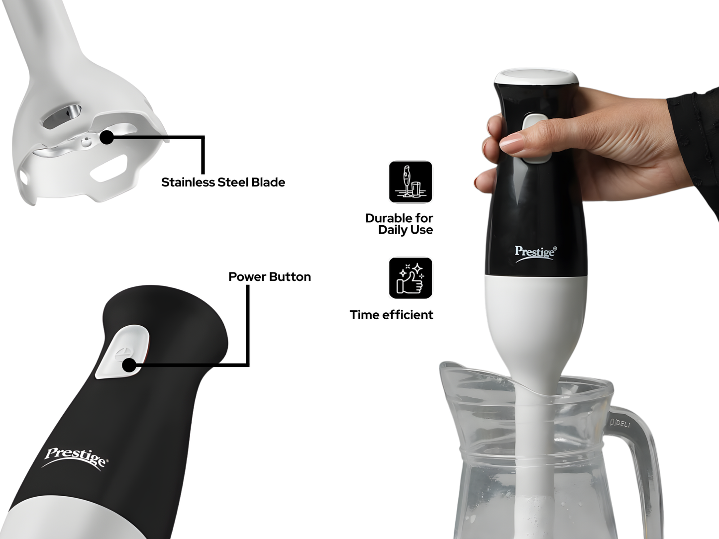 Prestige Ace 250W Hand Blender | Comfortable Grip & Stainless Steel Shaft – Black & Silver (41052)