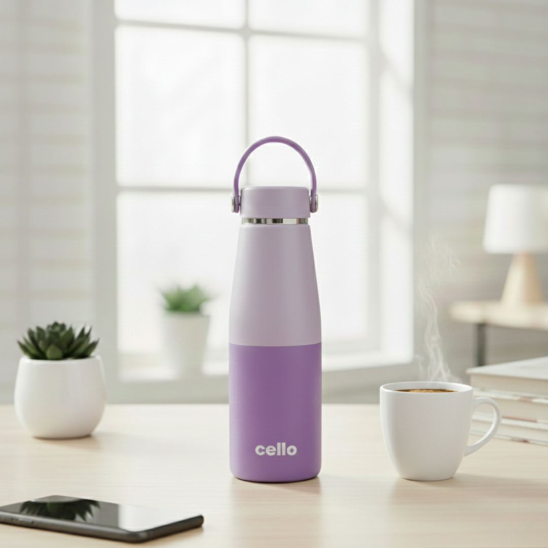 सेलो ड्यूरो टफ स्लिंग पर्पल पानी की बोतल | 500 मिली | इंसुलेटेड स्टेनलेस स्टील | हैंडल के साथ ले जाने में आसान