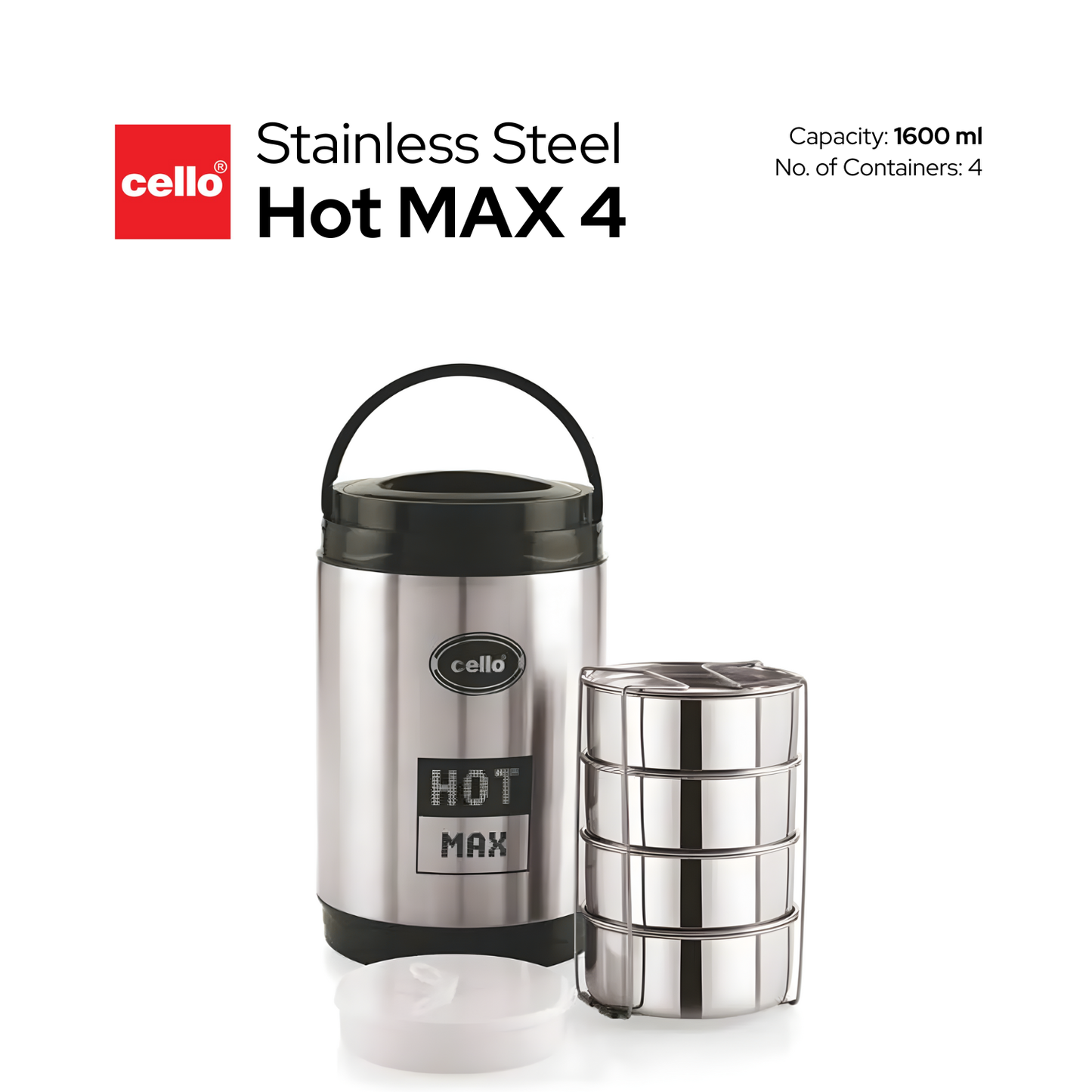 Cello Hot Max 1600ml Stainless Steel Lunch Box with 4 Containers