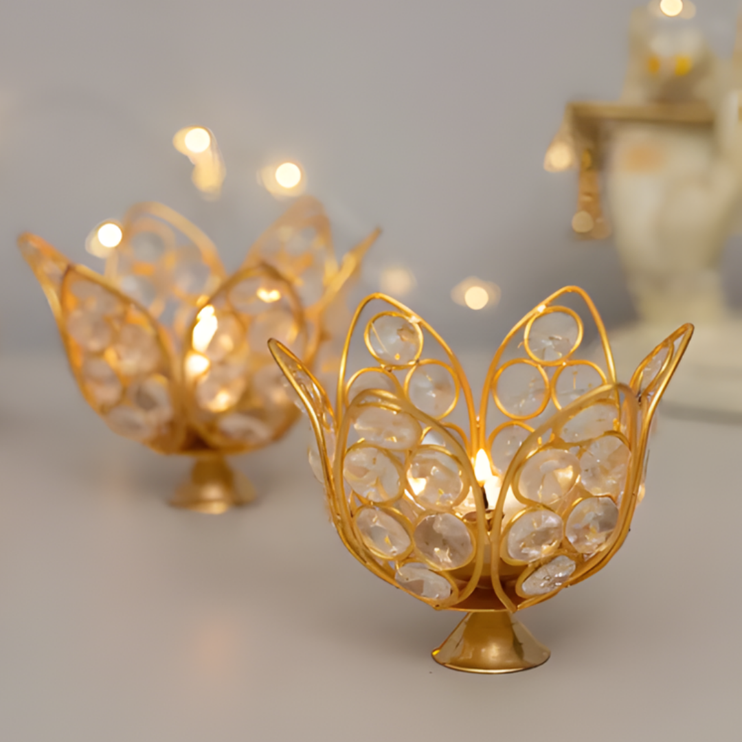 Brass Crystal Bowl Akhand Diya| Premium Decorative Oil Lamp| Golden color| 1 piece