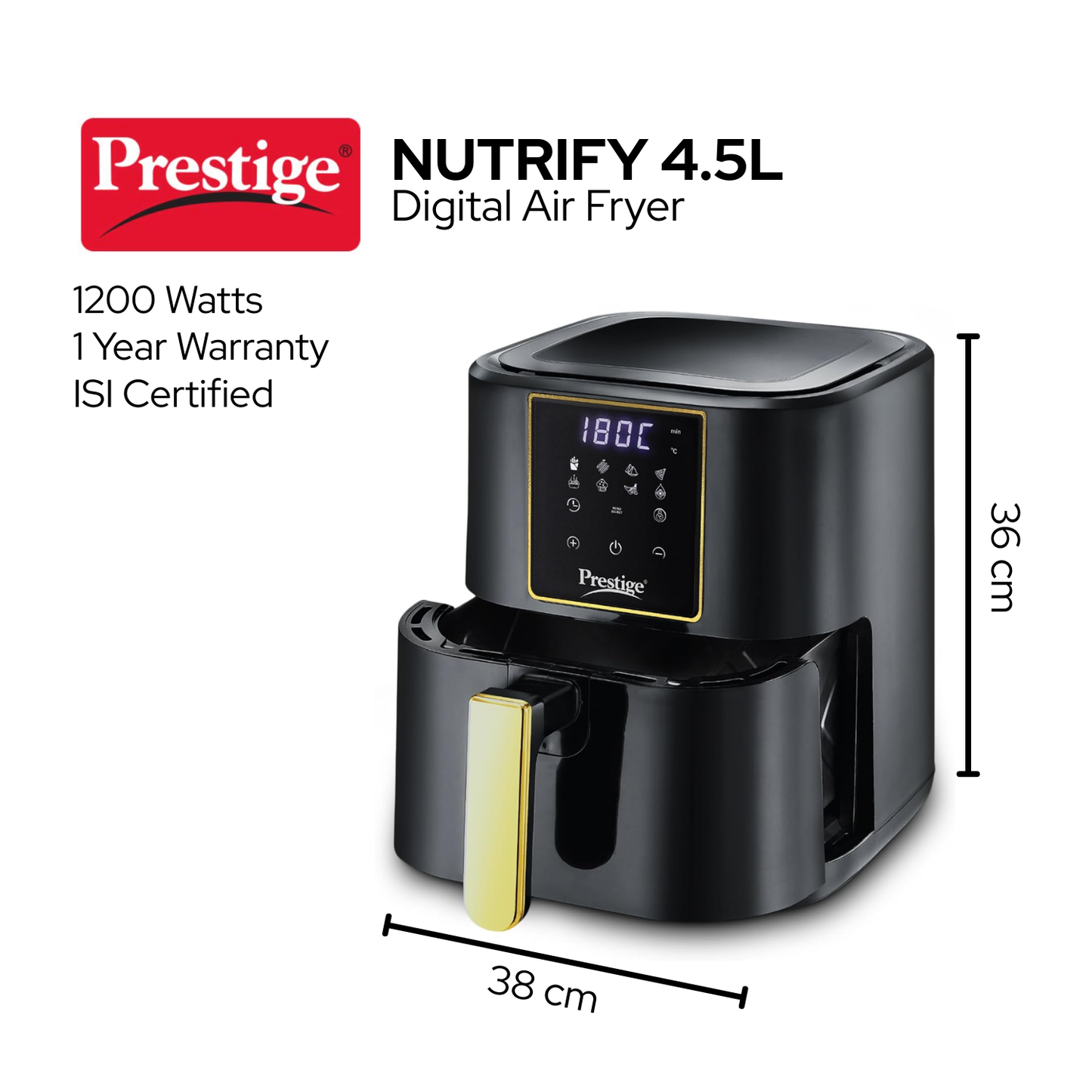 प्रेस्टीज डिजिटल एयर फ्रायर | 1200 वॉट | टच स्क्रीन पैनल | चुनने के लिए 8 मेनू | 80% कम तेल की खपत