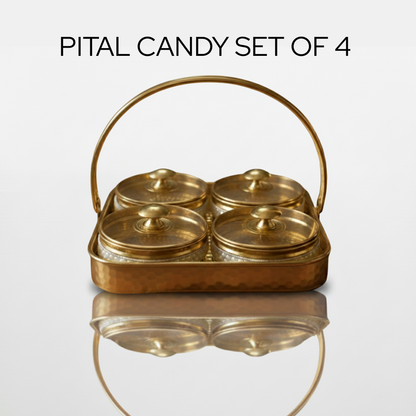 A beautifully crafted pital candy box set with three round containers having pearl borders with matching lids, neatly arranged in a hammered brass tray with a decorative handle. 