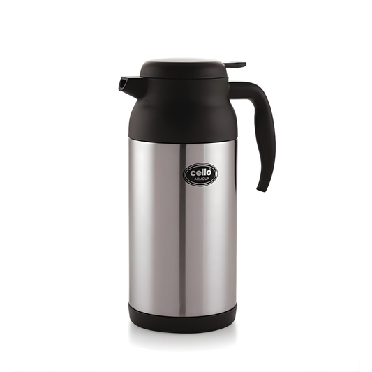 Cello Armour Vacusteel vacuum insulated flask in black stainless steel for hot and cold beverages