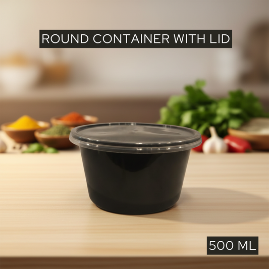 Black round 500ml plastic food storage container with transparent airtight lid for meal prep and takeaway
