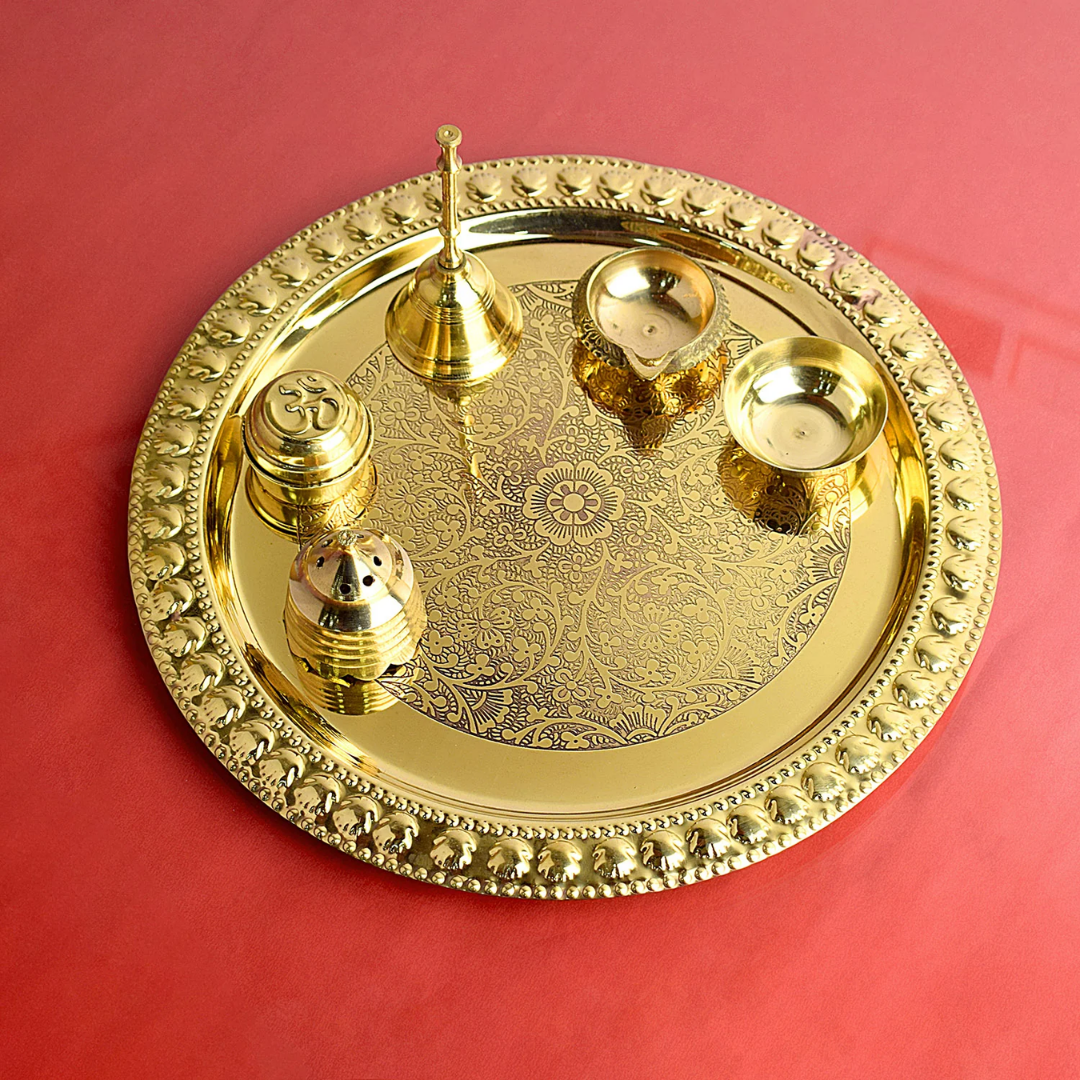 Golden brass pooja thali set engraved. 6 pcs (Pooja thali, diya, Roli container, Agarbatti Holder, Pooja bowl, Ghanti)