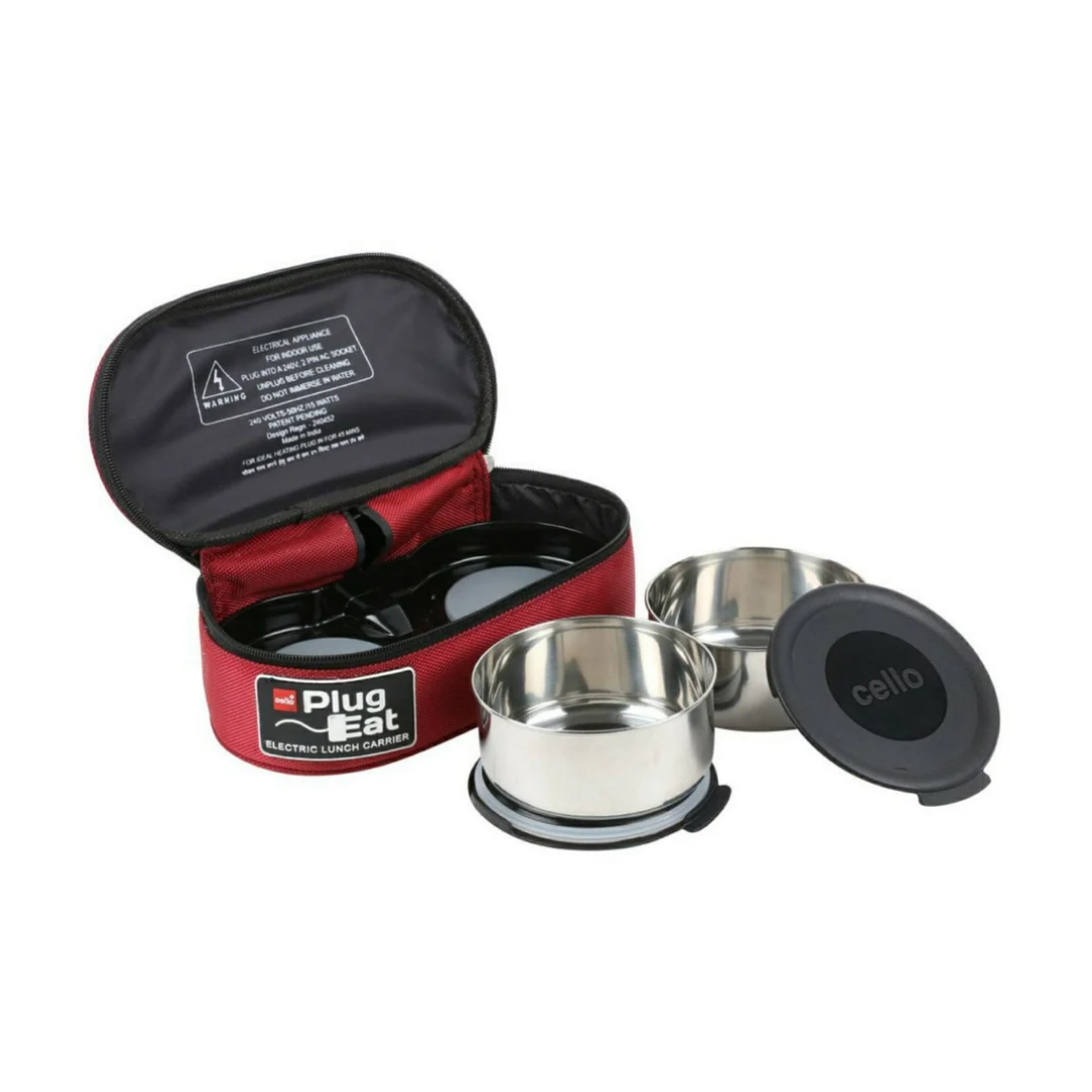 Cello Proton Maroon colored electric lunch box with 2 units, having electric cord which can be plugged in to heat up its contents.