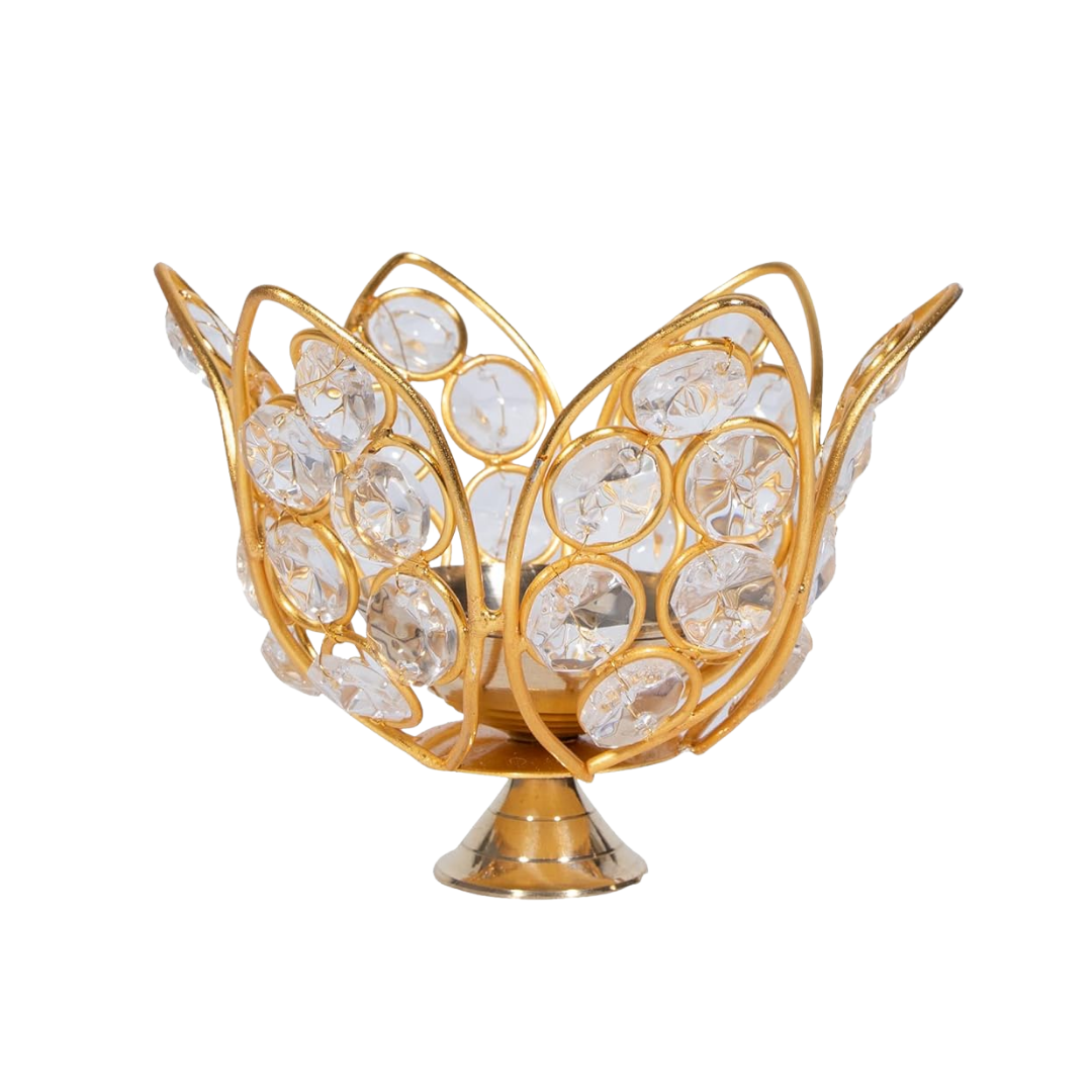 Brass oil diya inside crystal shaped bowl