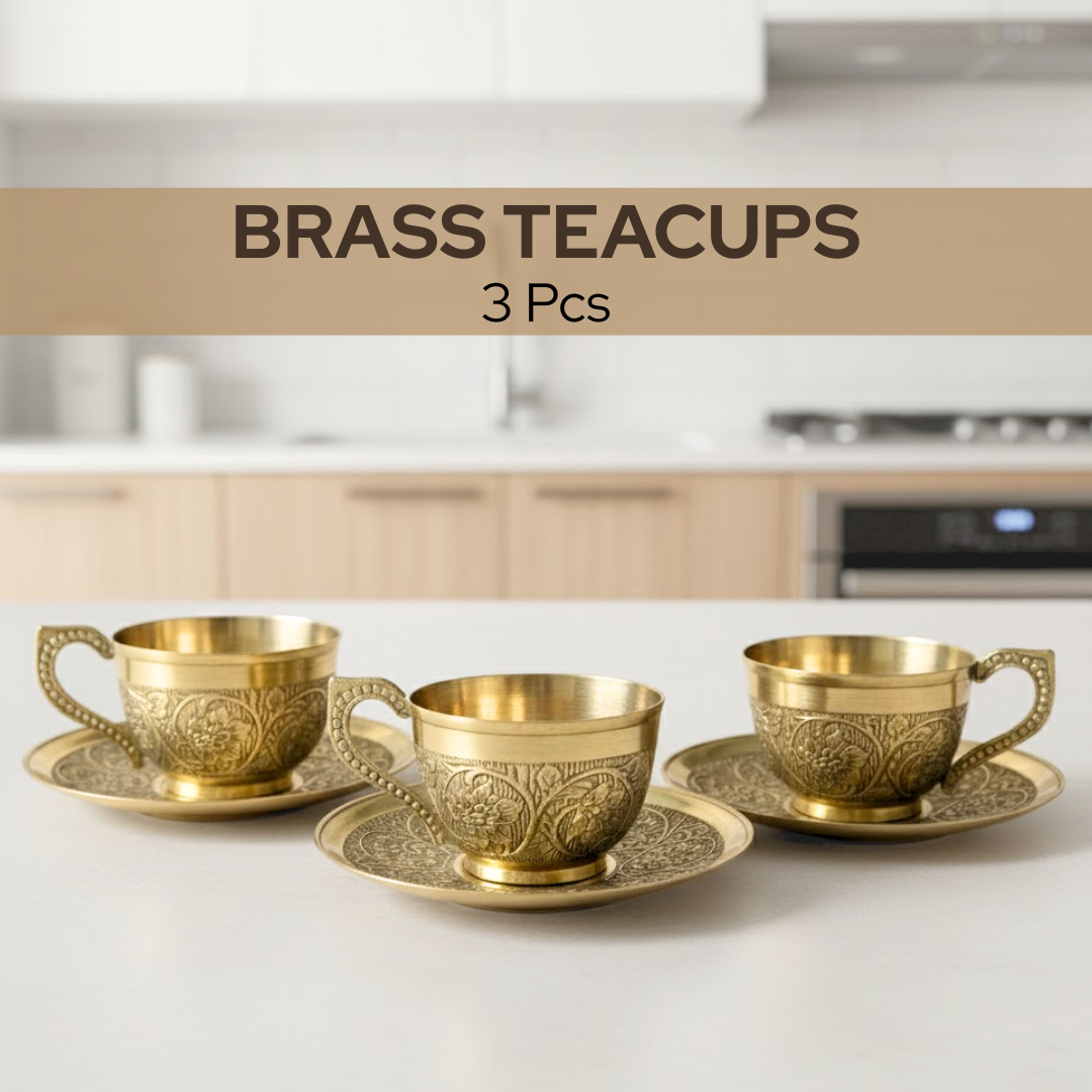 Pure brass teacup with saucer, handcrafted elegant design, food-grade brass tea cup