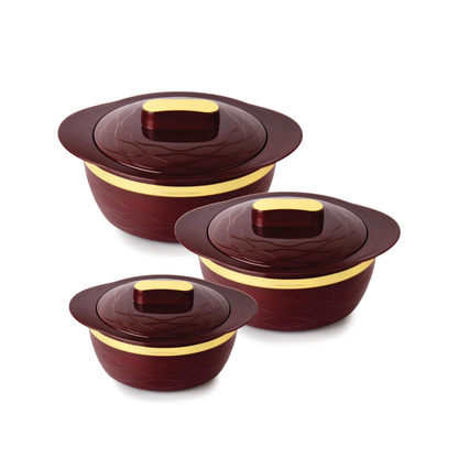 Maroon colored cello casserole set of three for rice, chappati and Daal