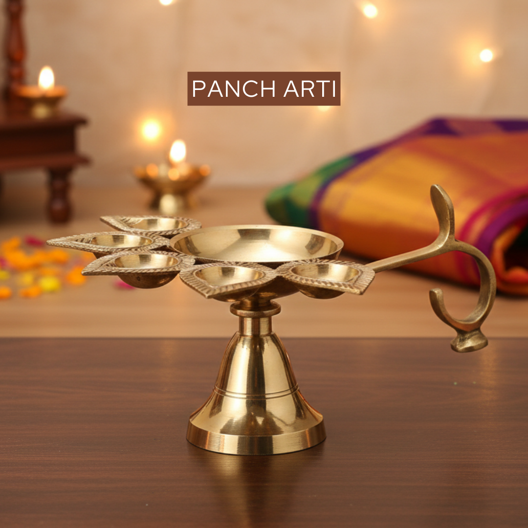 Brass Panch Aarti 250g with 5-face diya, ideal for home pooja, temple worship, daily aarti rituals, and spiritual gifting