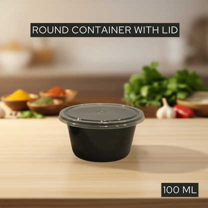 Black round 100ml plastic food storage container with transparent airtight lid for meal prep and takeaway