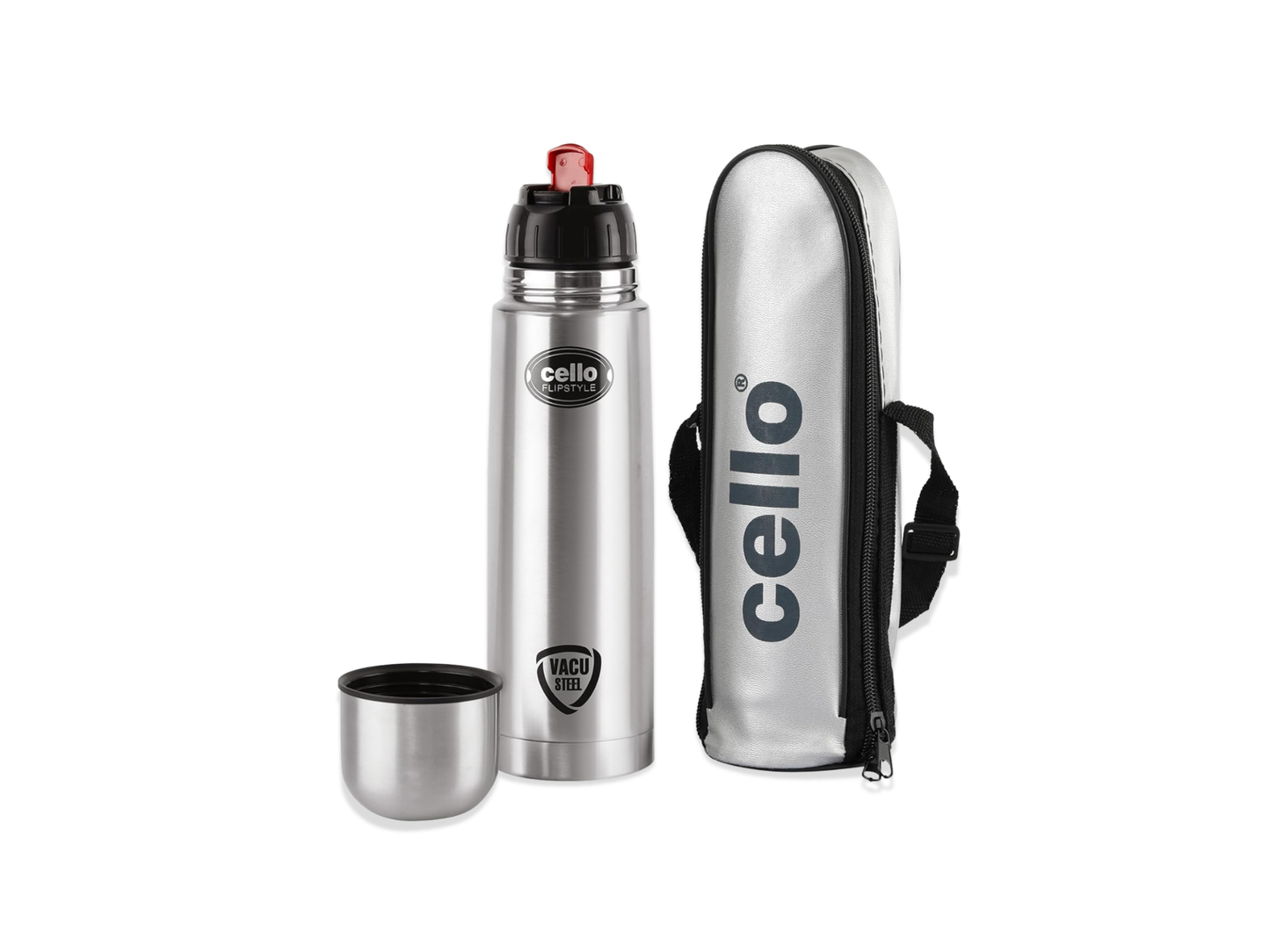 Cello Flipstyle Vacusteel Flask 500ml with insulated carry case, stainless steel hot and cold water bottle, BPA-free thermal flask