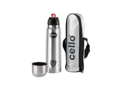 Cello Flipstyle Vacusteel Flask 500ml with insulated carry case, stainless steel hot and cold water bottle, BPA-free thermal flask