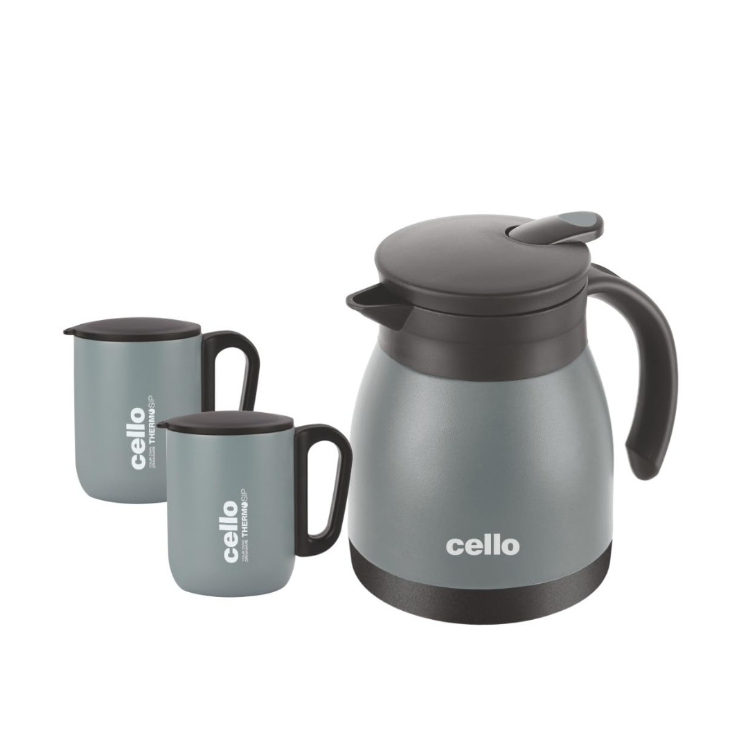 Grey colored cello Carafe set with 2 Mugs, hot and Cold, double vaccusteel