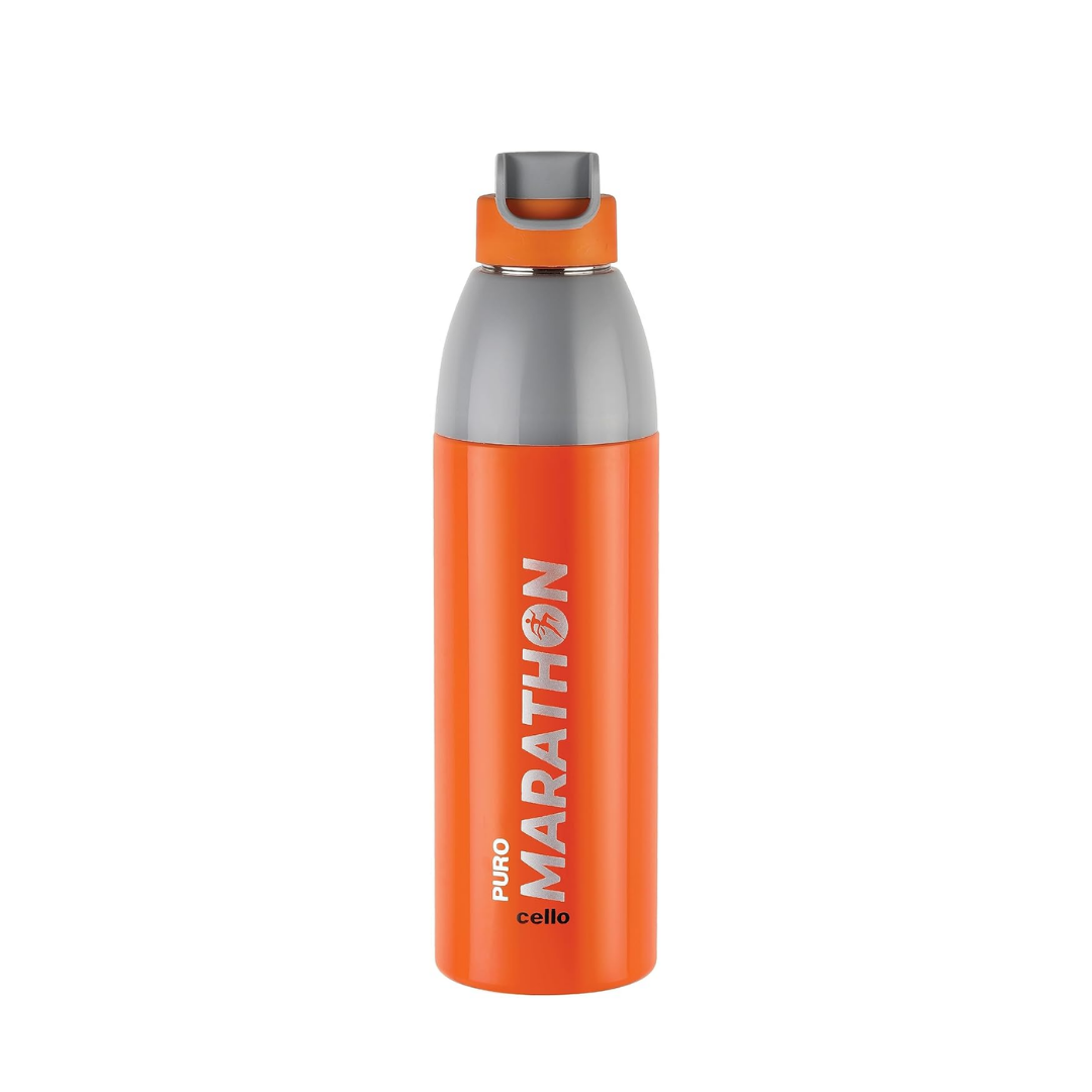 Cello Puro Steel-X Marathon 680 ml insulated stainless steel water bottle in orange with a leak-proof design, suitable for gym, office, travel, and daily hydration.