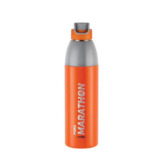 Cello Puro Steel-X Marathon 680 ml insulated stainless steel water bottle in orange with a leak-proof design, suitable for gym, office, travel, and daily hydration.