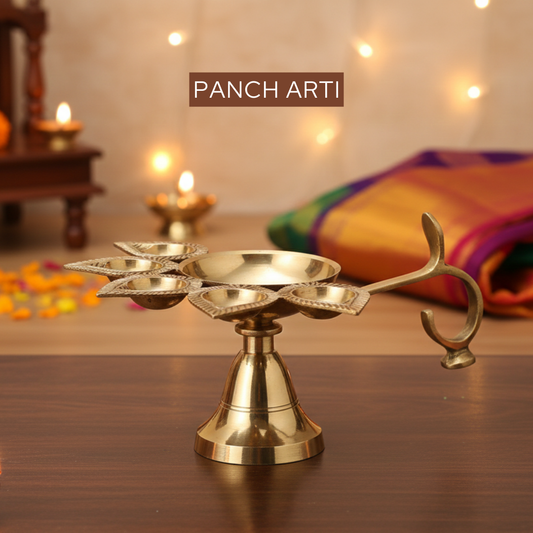 Brass Panch Aarti 220g with 5-face diya, ideal for home pooja, temple worship, daily aarti rituals, and spiritual gifting