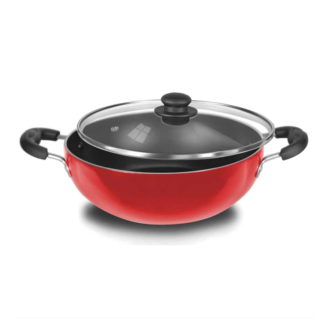 United Metalik Mr Cook 3.25L non-stick deep kadhai 24 cm red with glass lid, gas and induction compatible