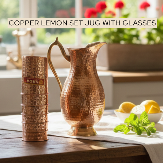 1L hand-hammered copper water jug with 6 glasses – eco-friendly, leak-resistant, insulated grip, hot & cold drinks
