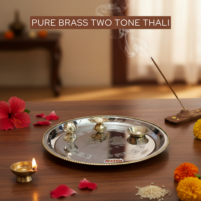 Pure brass two tone pooja thali with diya 12 inch and 550 gm