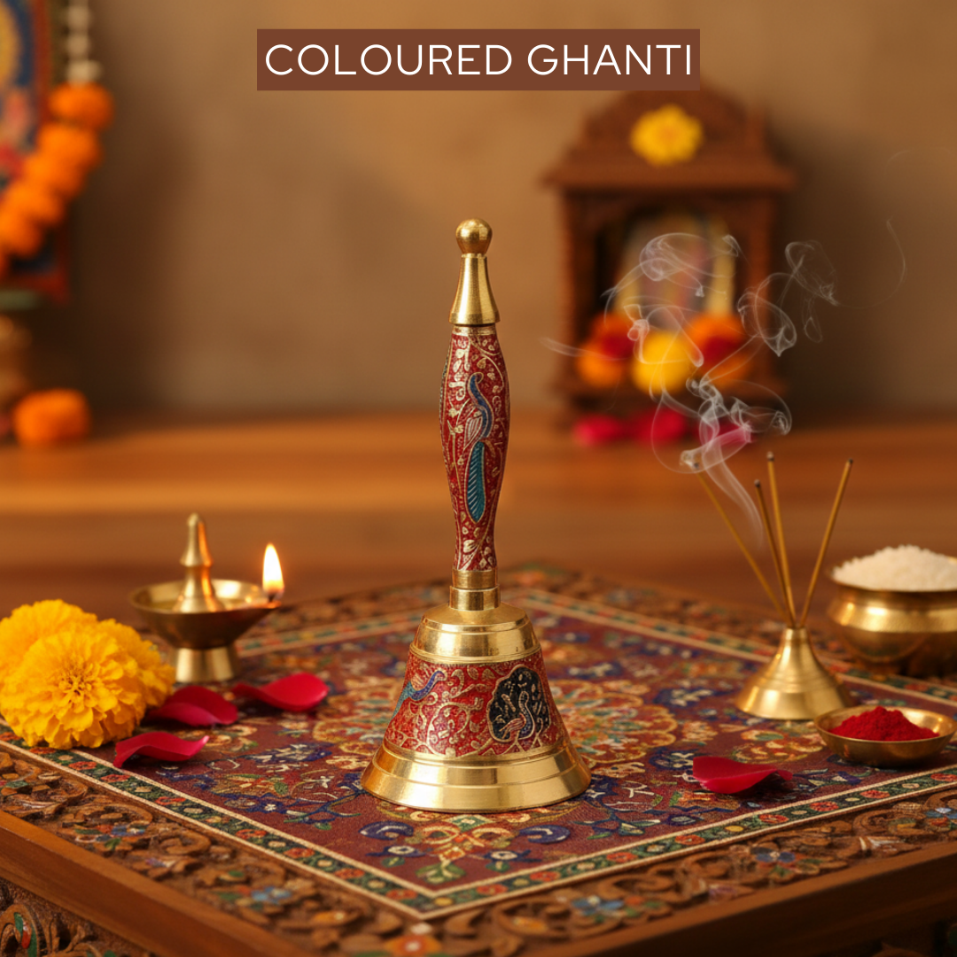 Hand held coloured brass puja ghanti ideal for daily pooja, temple worship, aarti rituals and gifting for home and spiritual occasions.