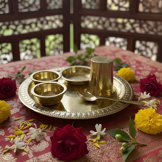 Pital 6 pcs dinner set, 1 Thali, 2 Katori, 1 halwa pate, 1 spoon and 1 Glass 