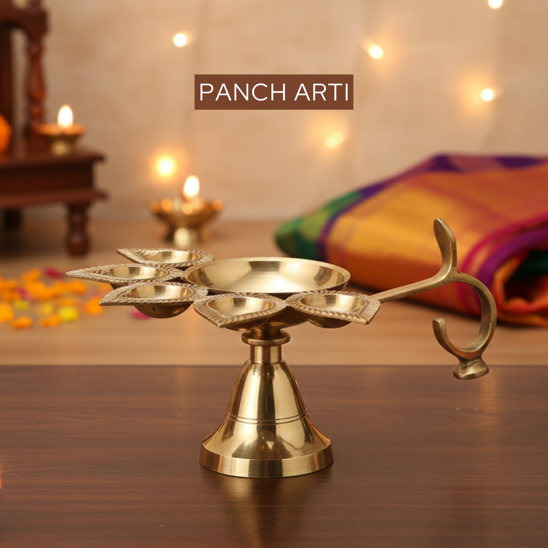 Brass Panch Aarti 220g with 5-face diya, ideal for home pooja, temple worship, daily aarti rituals, and spiritual gifting