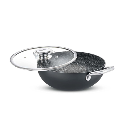 Prestige 4.23L Durastone Non-Stick Kadai 28cm with Glass Lid – 6-Layer Stone Finish, Gas & Induction Compatible