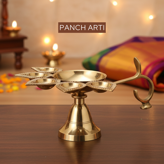 Brass Panch Aarti 250g with 5-face diya, ideal for home pooja, temple worship, daily aarti rituals, and spiritual gifting
