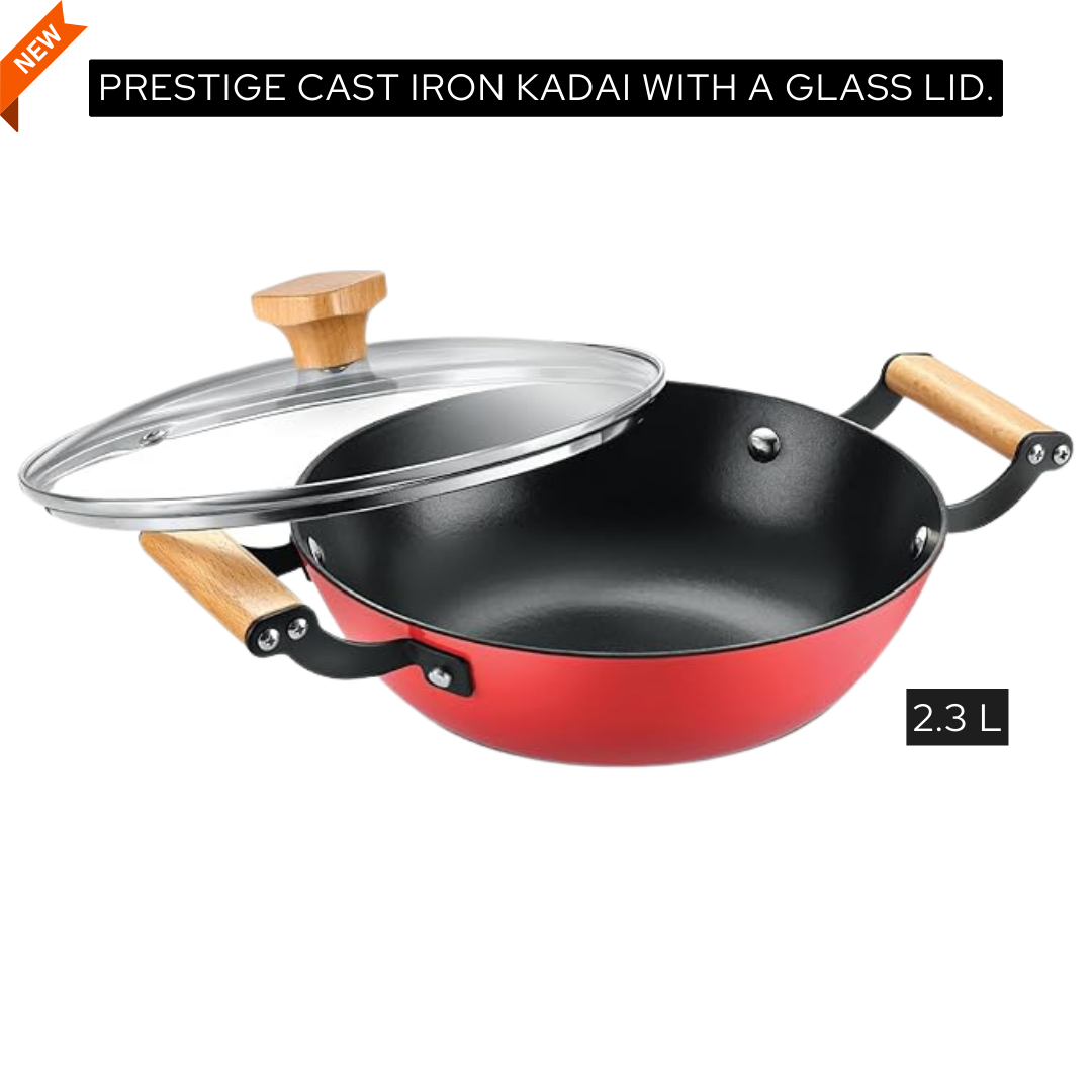 Prestige Castlite 24cm Cast Iron Kadai 2.3L with Glass Lid, Lightweight, Gas & Induction Compatible, Wooden Handles