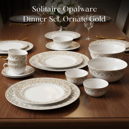 Solitaire Opalware Dinner Set | Elegant, Durable & Lightweight Dinnerware |27Pcs | Color- Ornate Gold