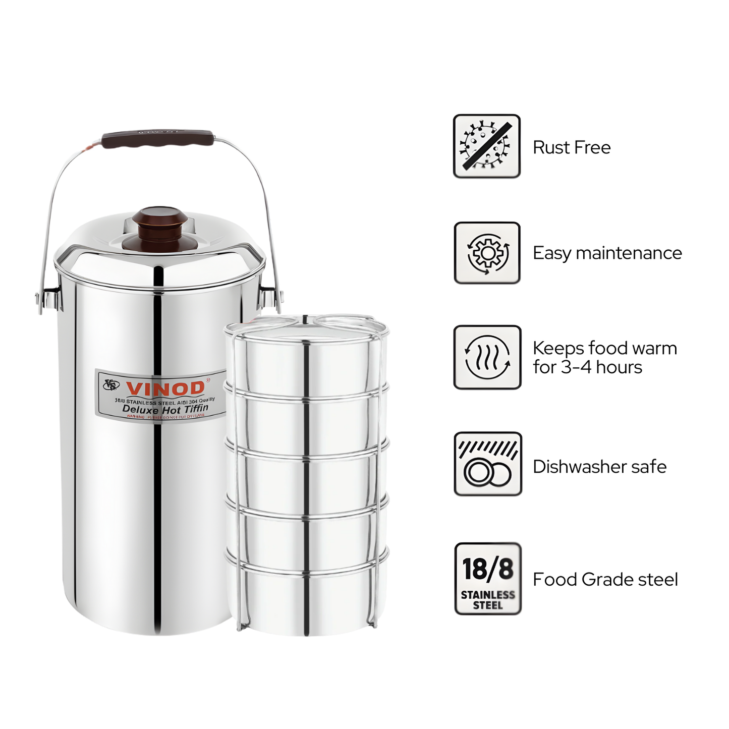 Stainless Steel Deluxe Hot Tiffin – 5 Compartment | Leakproof & Durable Lunch Box Keeps Food Hot | Strong and Tough Material