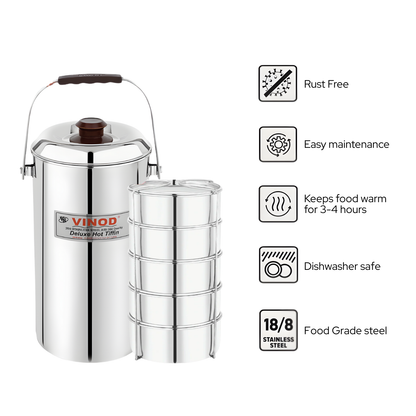 Stainless Steel Deluxe Hot Tiffin – 5 Compartment | Leakproof & Durable Lunch Box Keeps Food Hot | Strong and Tough Material