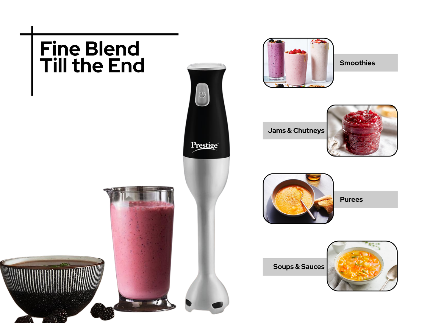 Prestige Ace 250W Hand Blender | Comfortable Grip & Stainless Steel Shaft – Black & Silver (41052)