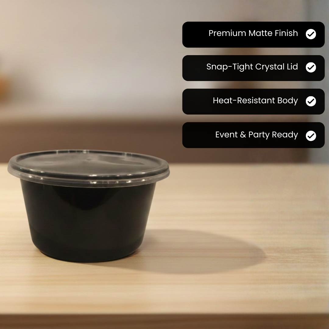 Round Black Plastic Food Container with Clear Lid 500ml | Airtight BPA-Free | Microwave Safe