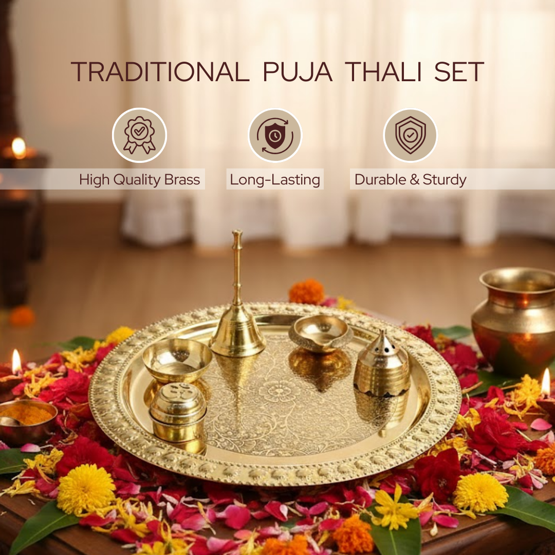 Gold Brass pooja engraved thali set | 6 pcs | Pooja thali, diya, Roli container, Agarbatti Holder, Pooja bowl, Ghanti