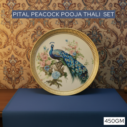 Pital Peacock Pooja Thali Set made from pure brass with ghanti, diya, dhoop dani and kumkum box for home temple and Hindu rituals