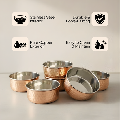Copper Katori | Durable Indian Dining & Serving Bowls | Set 6 pcs |  810 gm | 135 gm Each