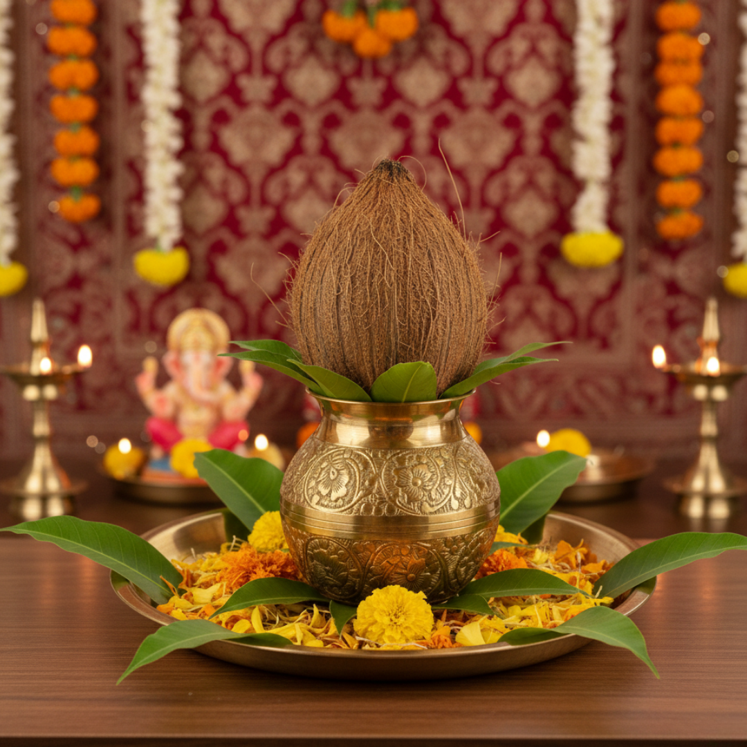 उभरा हुआ पीतल कलश | हिंदू अनुष्ठानों और मंदिर में उपयोग के लिए शुद्ध पीतल का पूजा कलश | 1000 मिलीलीटर