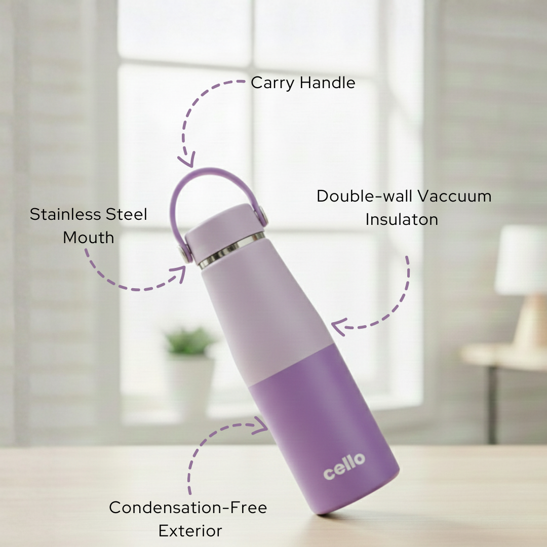 सेलो ड्यूरो टफ स्लिंग पर्पल पानी की बोतल | 500 मिली | इंसुलेटेड स्टेनलेस स्टील | हैंडल के साथ ले जाने में आसान