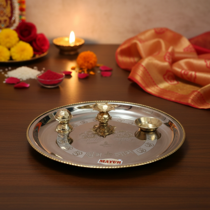 Pure Brass Two Tone Pooja Thali Set | 12 Inch | 550 gm