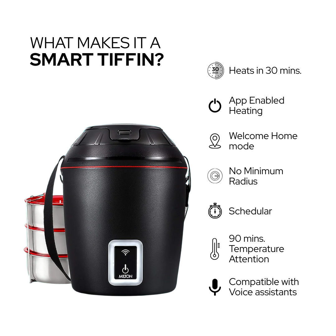 मिल्टन स्मार्ट इलेक्ट्रिक लंच बॉक्स | चलते-फिरते टिफिन को गर्म करने के लिए स्मार्टफोन ऐप का उपयोग करें | 3 यूनिट (प्रत्येक 300 मिलीलीटर)