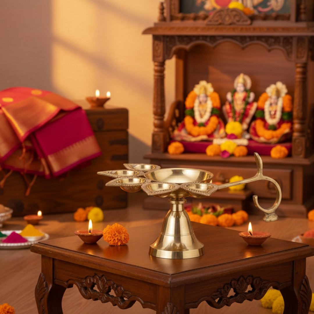 Brass Panch Aarti | 5-Face Diya for Home Puja & Gifting | 220 gm