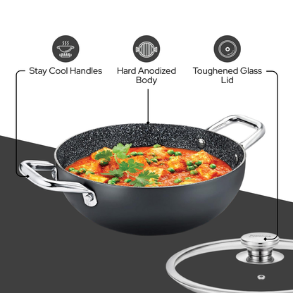 ड्यूरास्टोन नॉन-स्टिक कढ़ाई | कांच के ढक्कन के साथ, 28 सेमी | गैस और इंडक्शन पर उपयोग | 4.23 लीटर