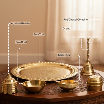 Gold Brass pooja engraved thali set | 6 pcs | Pooja thali, diya, Roli container, Agarbatti Holder, Pooja bowl, Ghanti