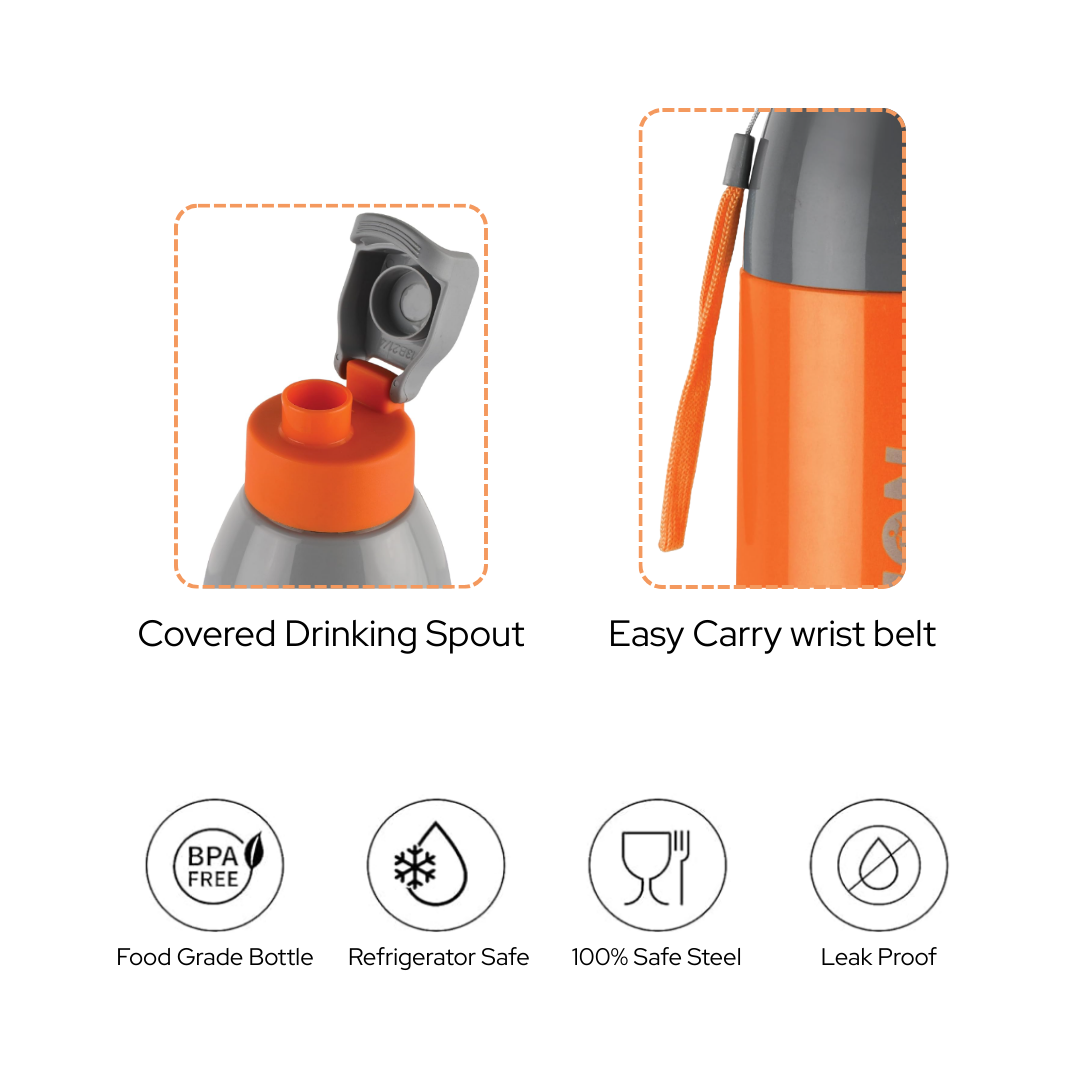 Cello Puro Steel-X Marathon Water Bottle – 680 ml, Orange | Insulated | Easy to carry with wrist belt option