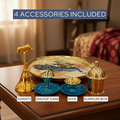 Brass Peacock Pooja Thali Set | 9 Inch | 450gm | 4 Accessories Include