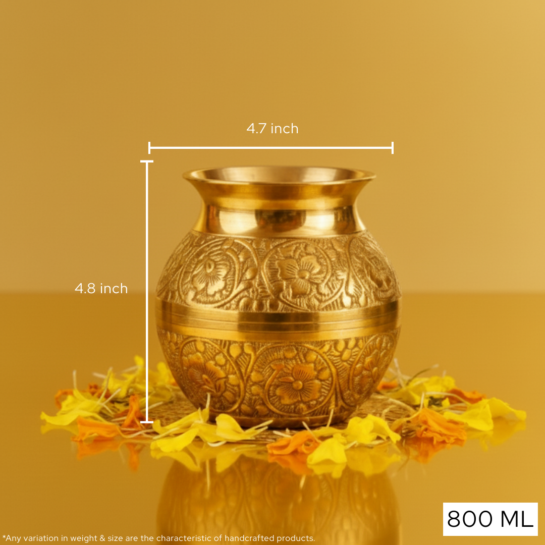 Embossed Pital Kalash | Pure Brass Puja Kalash for Hindu Rituals & Temple Use | 800ml