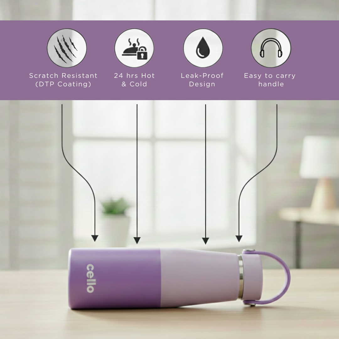 सेलो ड्यूरो टफ स्लिंग पर्पल पानी की बोतल | 500 मिली | इंसुलेटेड स्टेनलेस स्टील | हैंडल के साथ ले जाने में आसान
